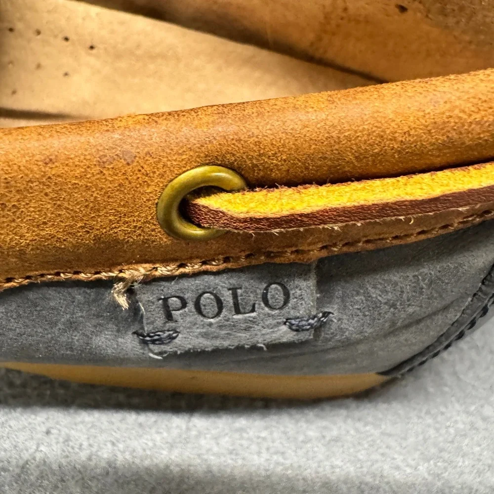 Polo Ralph Lauren Boat Shoes Mens 9 D Bienne II Navy Blue‎ Tan Leather Loafers